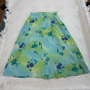 Vintage Apostrophe Blue and Green Floral Midi Skirt (L)